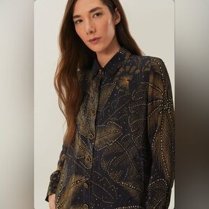 Farm Rio Black Golden Foliage Pajama Shirt